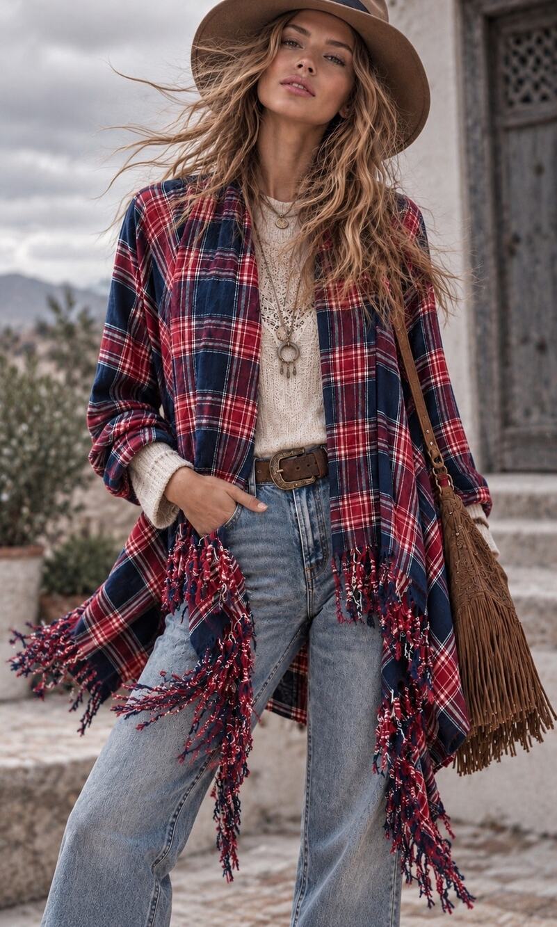 KORI America Red Navy Plaid Fringe Open Front Cardigan Jacket Boho Medium